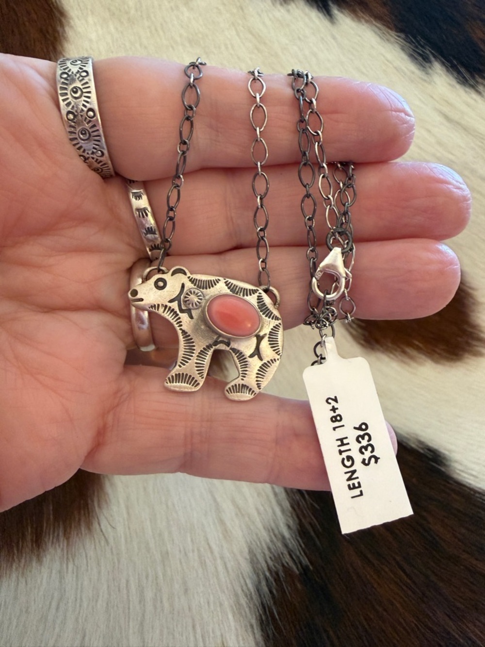 ❤️ Queen Pink Conch Hand Stamped Statement Bear Necklace Matte Sterling 18+2”